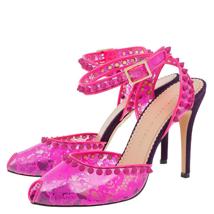 Pre Owned Charlotte Olympia Pink Lace Print PVC Soho Studded Ankle Strap Sandals Size 40