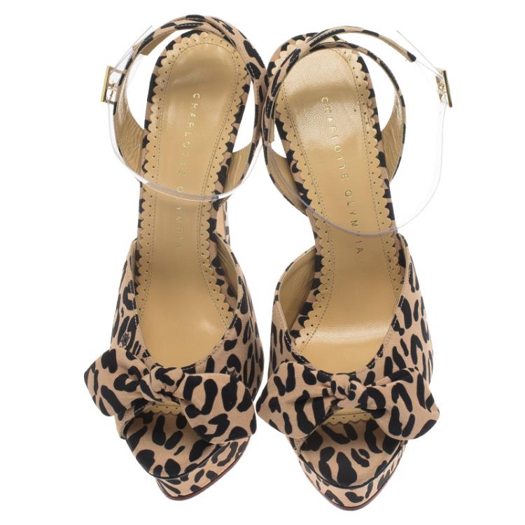 مملوكة مسبقًا Charlotte Olympia Beige Leopard Print Satin Serena Bow Ankle Strap Platform Sandals Size 38