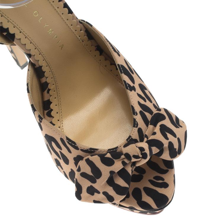 مملوكة مسبقًا Charlotte Olympia Beige Leopard Print Satin Serena Bow Ankle Strap Platform Sandals Size 38
