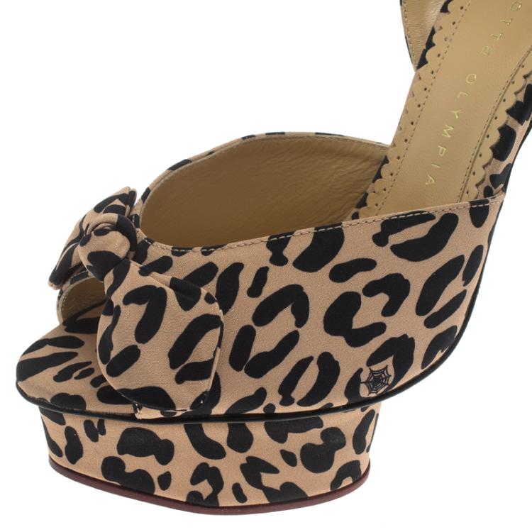 مملوكة مسبقًا Charlotte Olympia Beige Leopard Print Satin Serena Bow Ankle Strap Platform Sandals Size 38