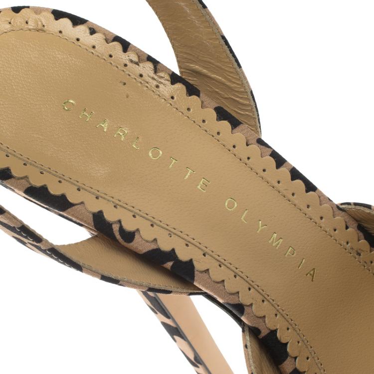 مملوكة مسبقًا Charlotte Olympia Beige Leopard Print Satin Serena Bow Ankle Strap Platform Sandals Size 38