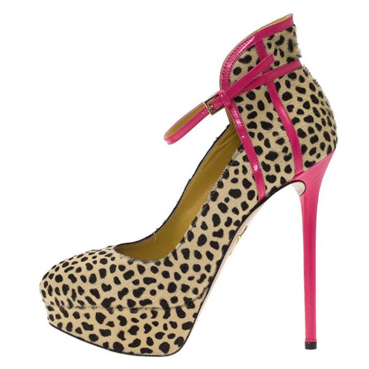 Pre Owned Charlotte Olympia Leopard Pony Hair Lucille Ankle Strap Platform Pumps Size 37