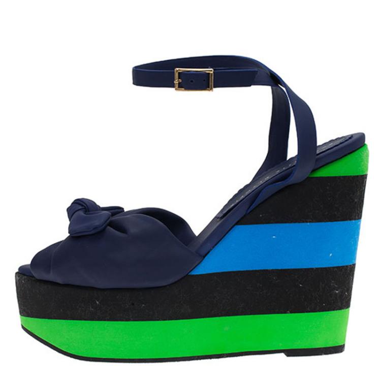Pre Owned Charlotte Olympia Blue Colorblock Rubber Miranda Bow Platform Ankle Strap Wedges Size 39