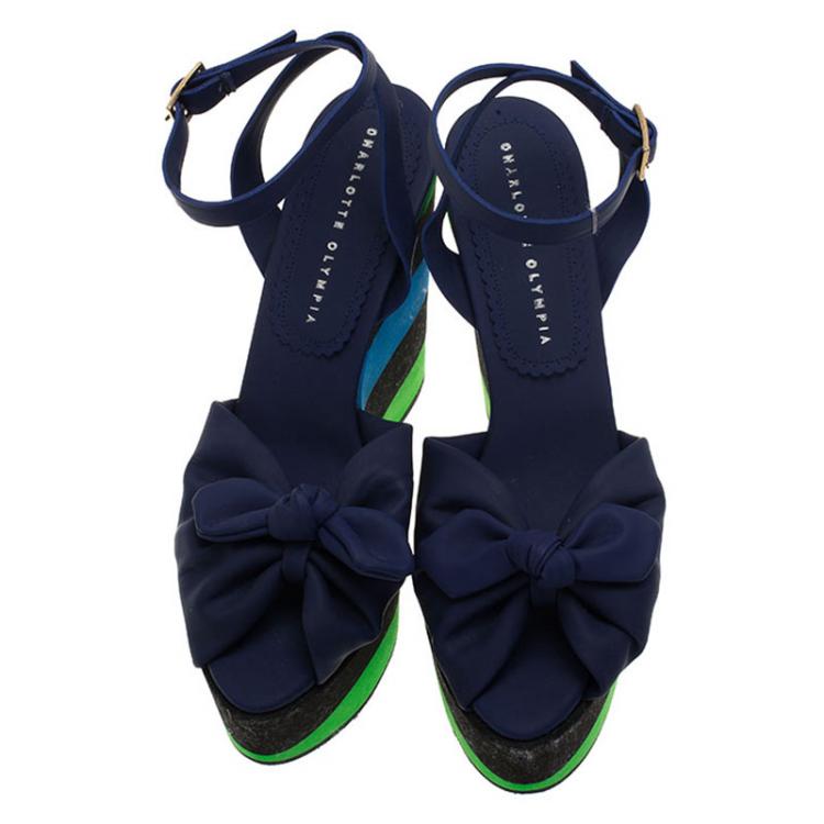 Pre Owned Charlotte Olympia Blue Colorblock Rubber Miranda Bow Platform Ankle Strap Wedges Size 39