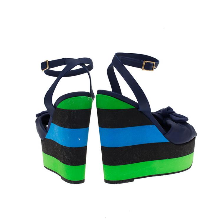 Pre Owned Charlotte Olympia Blue Colorblock Rubber Miranda Bow Platform Ankle Strap Wedges Size 39
