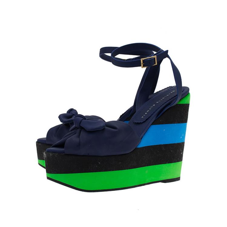 Pre Owned Charlotte Olympia Blue Colorblock Rubber Miranda Bow Platform Ankle Strap Wedges Size 39