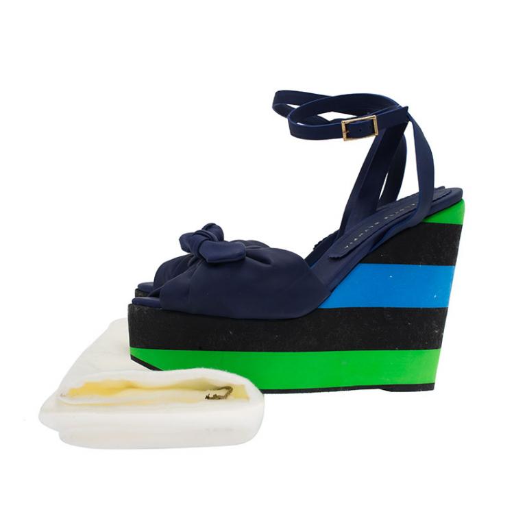 Pre Owned Charlotte Olympia Blue Colorblock Rubber Miranda Bow Platform Ankle Strap Wedges Size 39