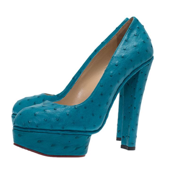 Pre Owned Charlotte Olympia Blue Ostrich Leather Greta Platform Pumps Size 39