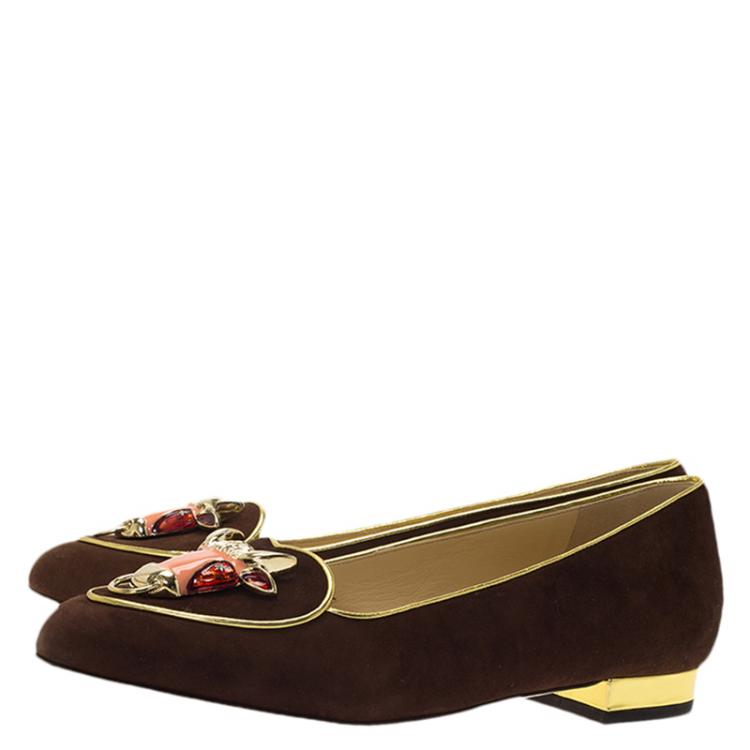 Pre Owned Charlotte Olympia Brown Suede Taurus Smoking Slippers Size 37