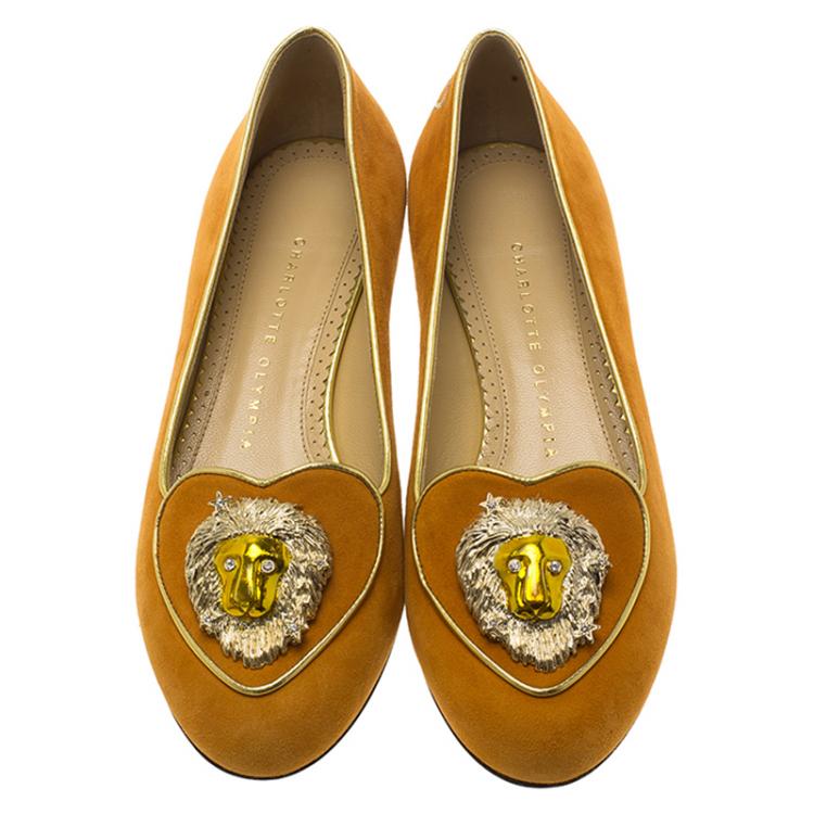 Pre Owned Charlotte Olympia Orange Suede Leo Smoking Slippers Size 36.5