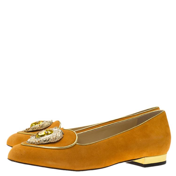 Pre Owned Charlotte Olympia Orange Suede Leo Smoking Slippers Size 36.5