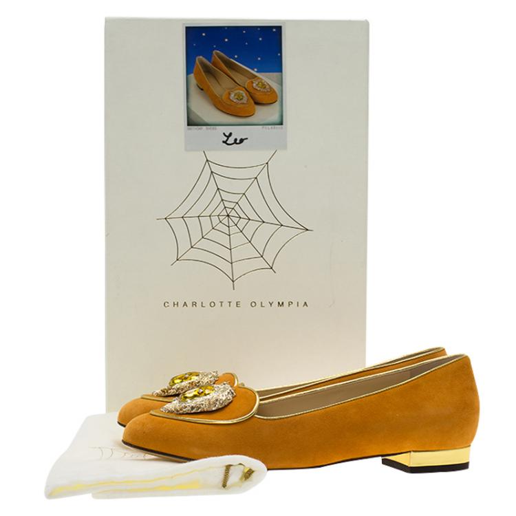 Pre Owned Charlotte Olympia Orange Suede Leo Smoking Slippers Size 36.5