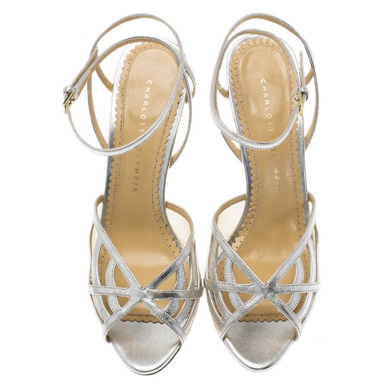 Pre Owned Charlotte Olympia Silver Leather Octavia Ankle Strap Sandals Size 39.5