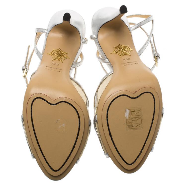 Pre Owned Charlotte Olympia Silver Leather Octavia Ankle Strap Sandals Size 39.5