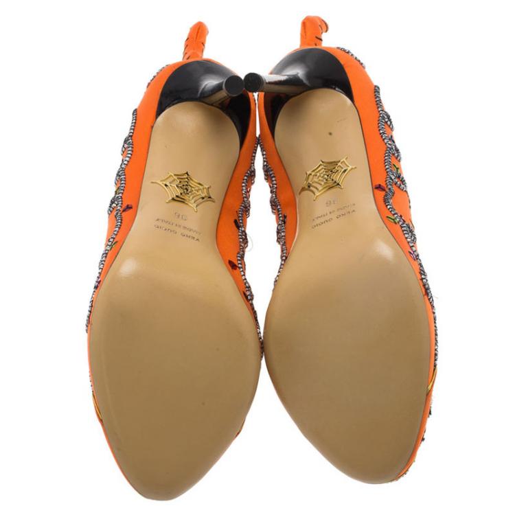 Pre Owned Charlotte Olympia Orange Embellished Satin Tiger Tiger Pumps Size 36