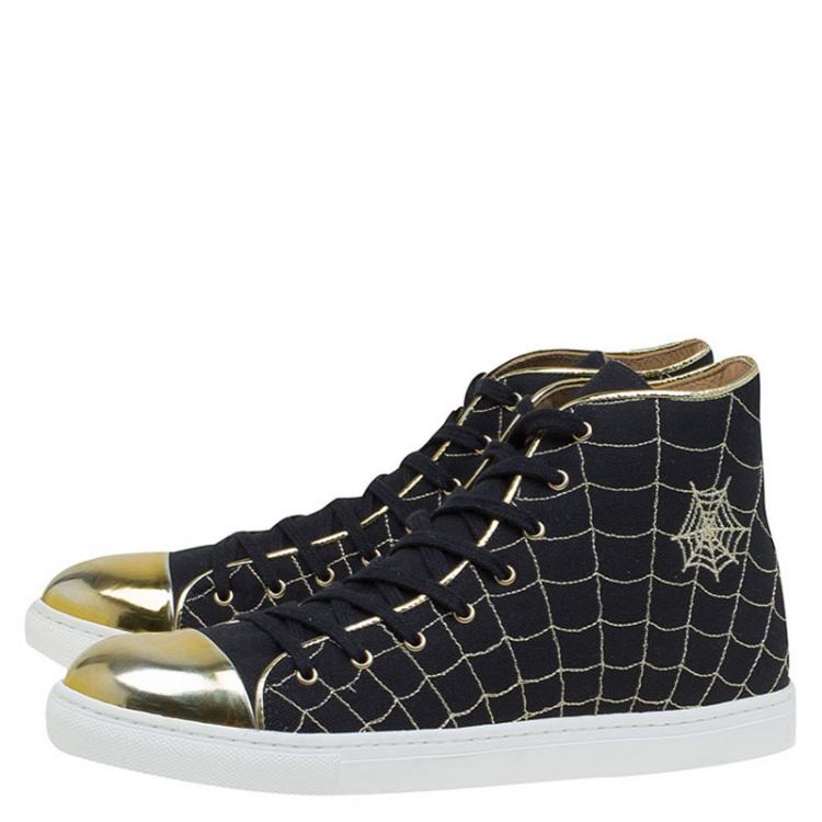 Pre Owned Charlotte Olympia Black/Gold Canvas Web High Top Cap Toe Sneakers Size 40.5