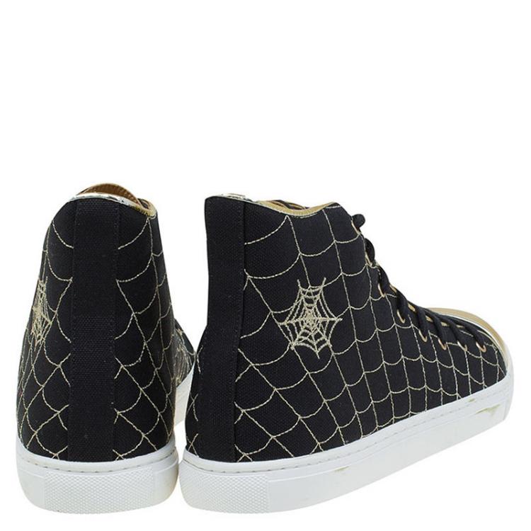 Pre Owned Charlotte Olympia Black/Gold Canvas Web High Top Cap Toe Sneakers Size 40.5