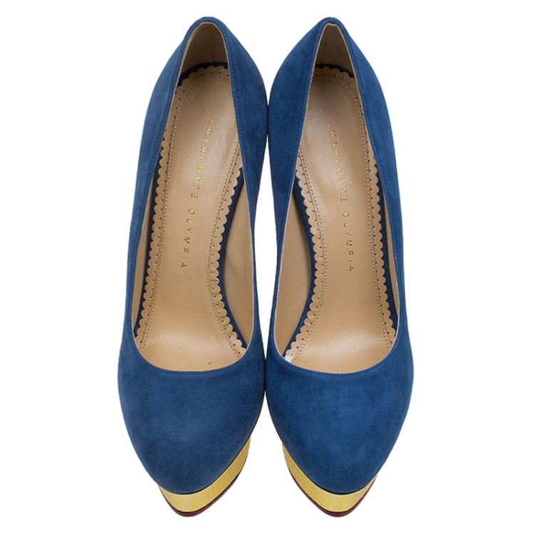 Pre Owned Charlotte Olympia Blue Suede Dolly Platform Pumps Size 37