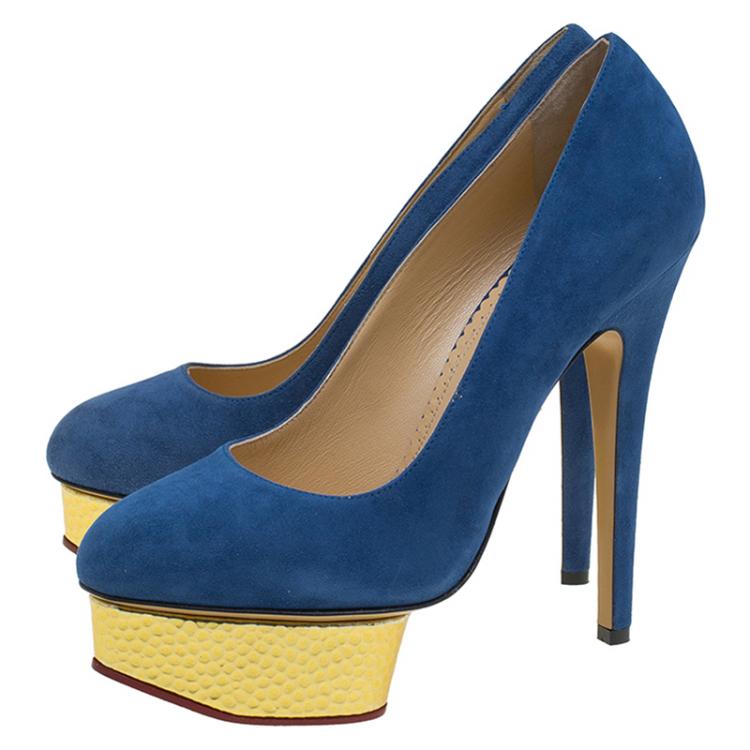 Pre Owned Charlotte Olympia Blue Suede Dolly Platform Pumps Size 37