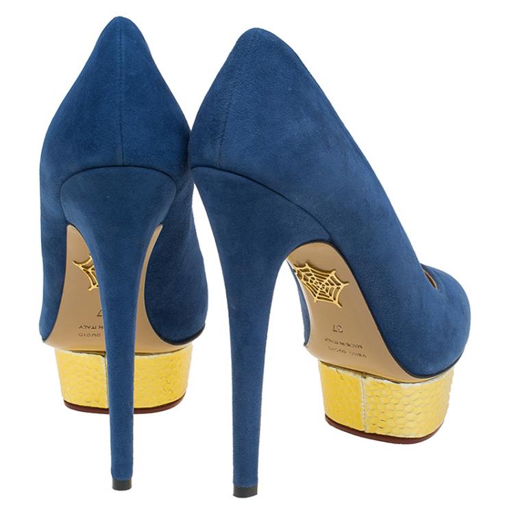 Pre Owned Charlotte Olympia Blue Suede Dolly Platform Pumps Size 37