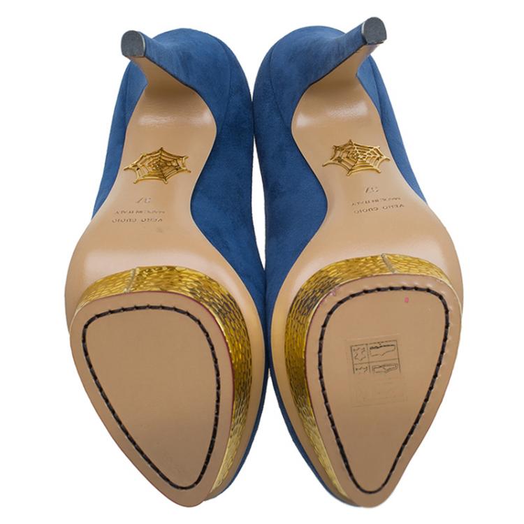 Pre Owned Charlotte Olympia Blue Suede Dolly Platform Pumps Size 37