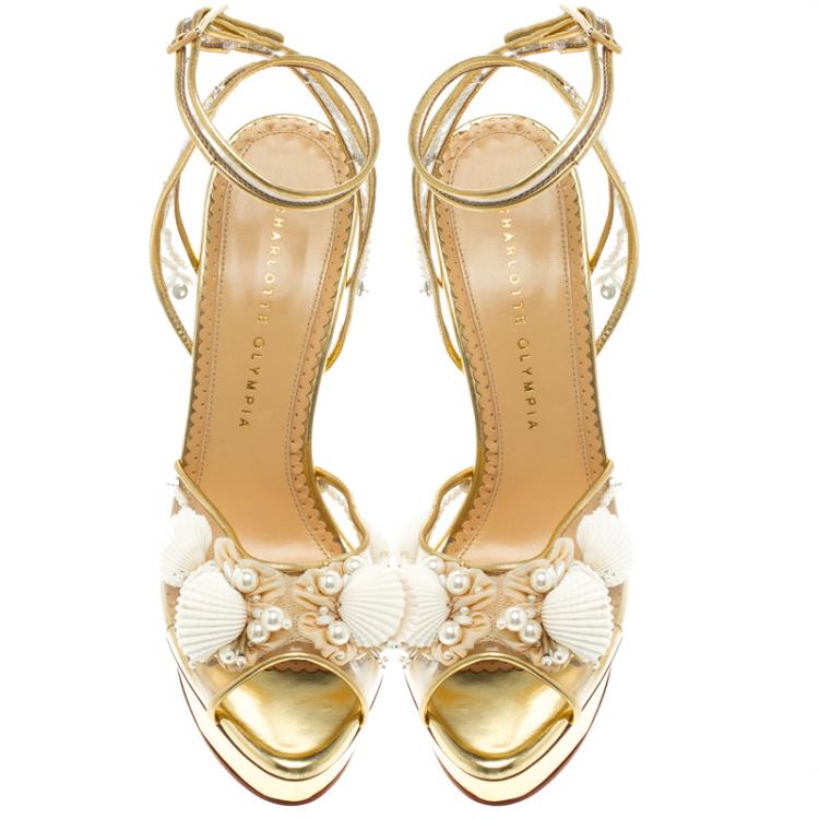 Pre Owned Charlotte Olympia Gold Leather and PVC She Sells Sea Shells Ankle Wrap Platform Sandals Size 39