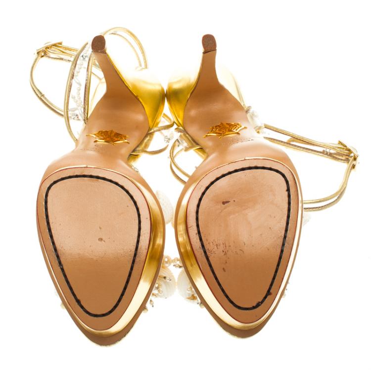 Pre Owned Charlotte Olympia Gold Leather and PVC She Sells Sea Shells Ankle Wrap Platform Sandals Size 39