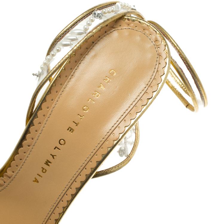 Pre Owned Charlotte Olympia Gold Leather and PVC She Sells Sea Shells Ankle Wrap Platform Sandals Size 39