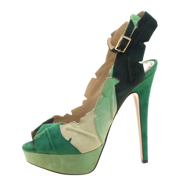 Pre Owned Charlotte Olympia Green Suede Leaf Me Alone Ankle Strap Platform Sandals Size 39