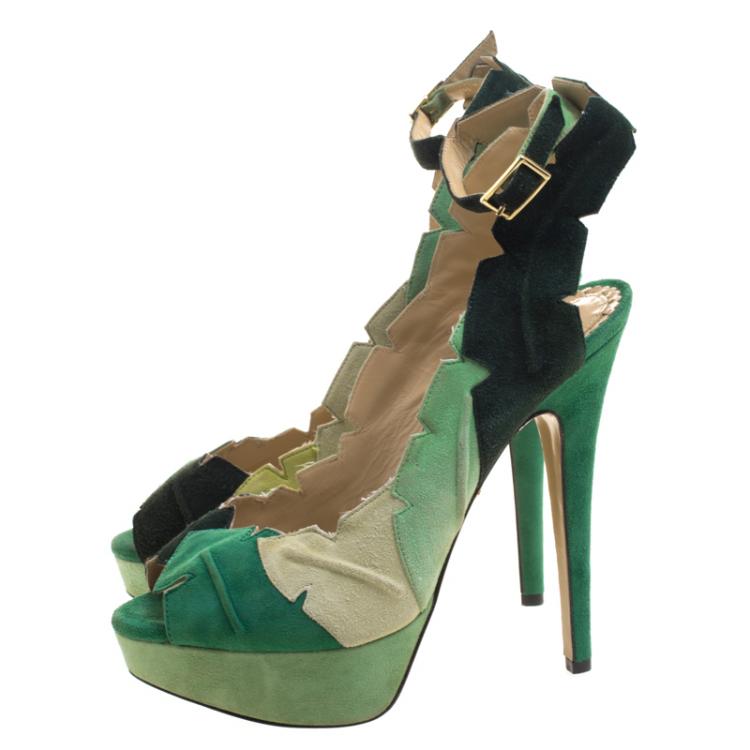 Pre Owned Charlotte Olympia Green Suede Leaf Me Alone Ankle Strap Platform Sandals Size 39