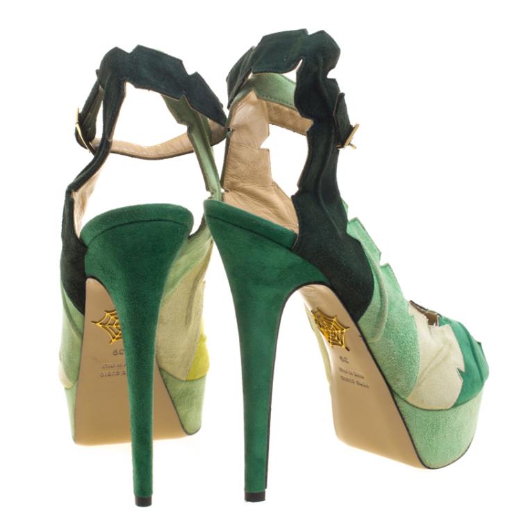 Pre Owned Charlotte Olympia Green Suede Leaf Me Alone Ankle Strap Platform Sandals Size 39