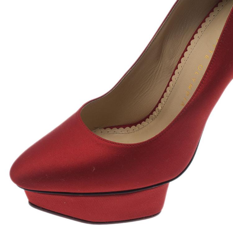 Pre Owned Charlotte Olympia Red Paloma Fan-Pleat Satin Pumps Size 38 