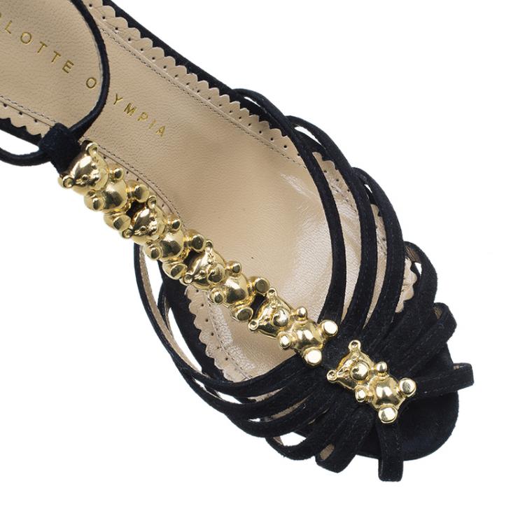 Pre Owned Charlotte Olympia Black Suede Gummi Bear Ankle Strap Sandals Size 39 