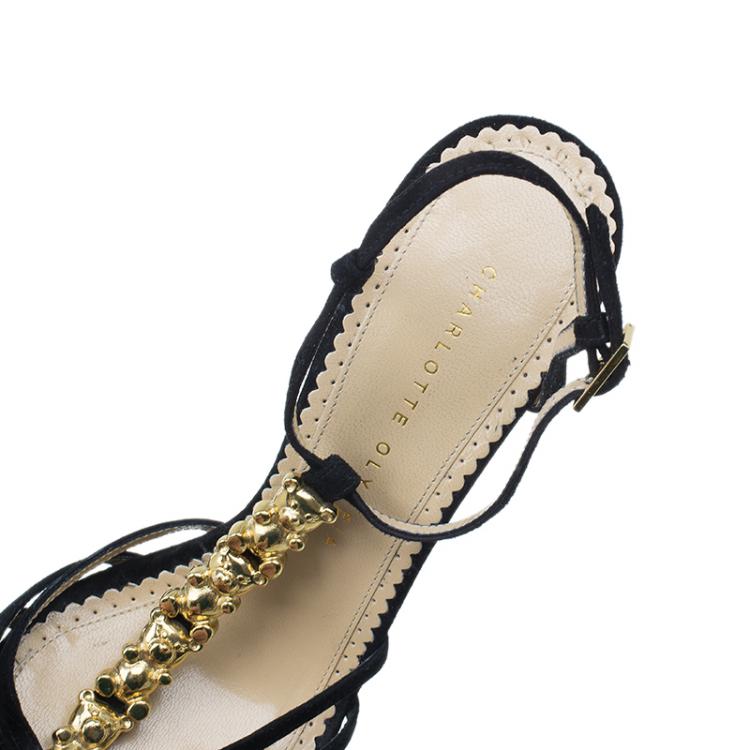 Pre Owned Charlotte Olympia Black Suede Gummi Bear Ankle Strap Sandals Size 39 