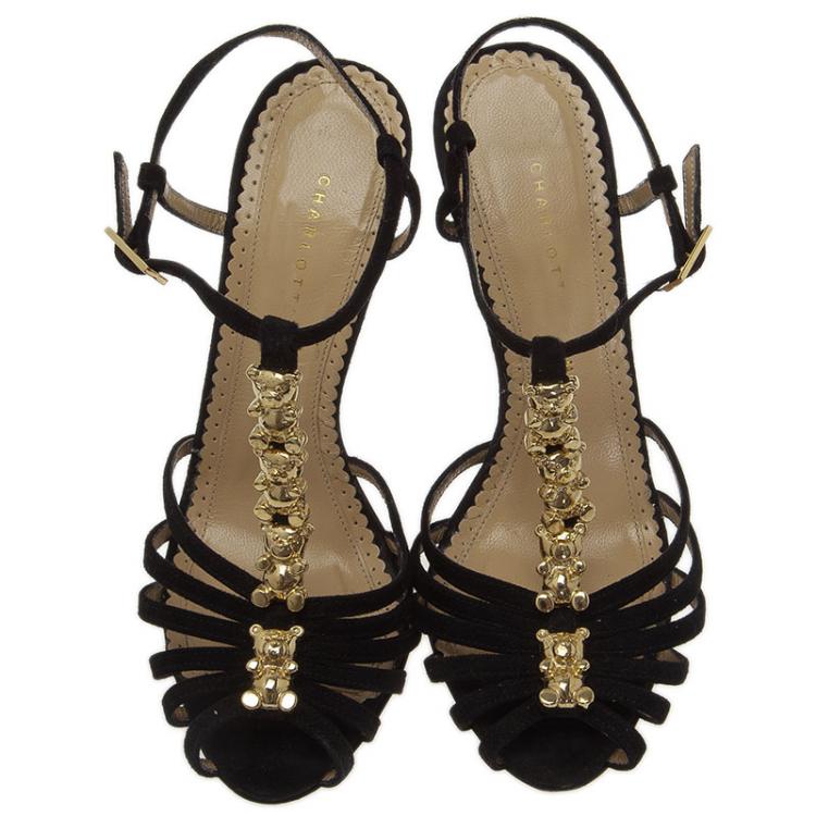 Pre Owned Charlotte Olympia Black Suede Gummi Bear Ankle Strap Sandals Size 36