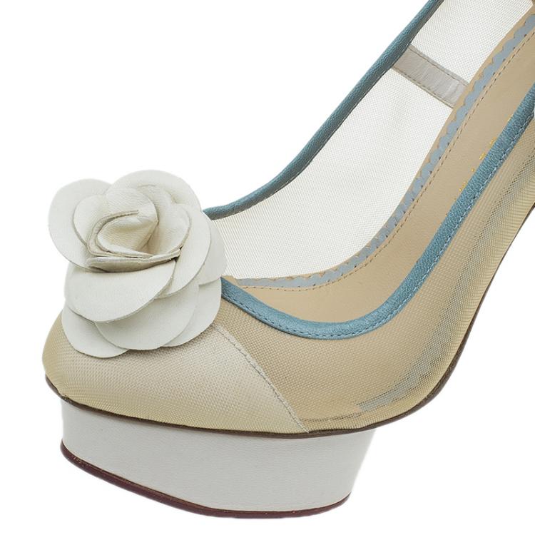 Pre Owned Charlotte Olympia Cream Mesh Flora Ankle Strap Pumps Size 37