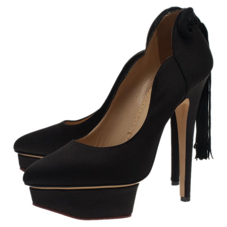 Pre Owned Charlotte Olympia Black Satin Tassel Detail Starla Platform Pumps Size 38
