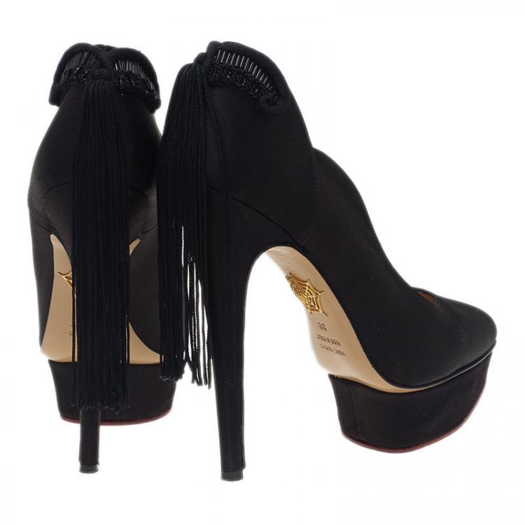 Pre Owned Charlotte Olympia Black Satin Tassel Detail Starla Platform Pumps Size 38