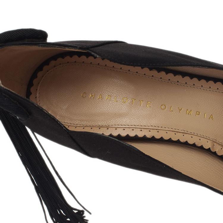Pre Owned Charlotte Olympia Black Satin Tassel Detail Starla Platform Pumps Size 38