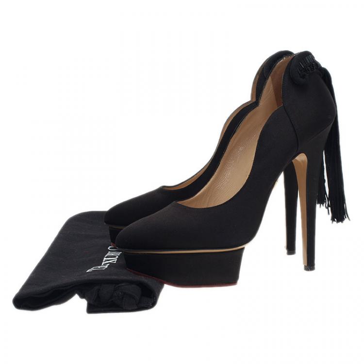Pre Owned Charlotte Olympia Black Satin Tassel Detail Starla Platform Pumps Size 38