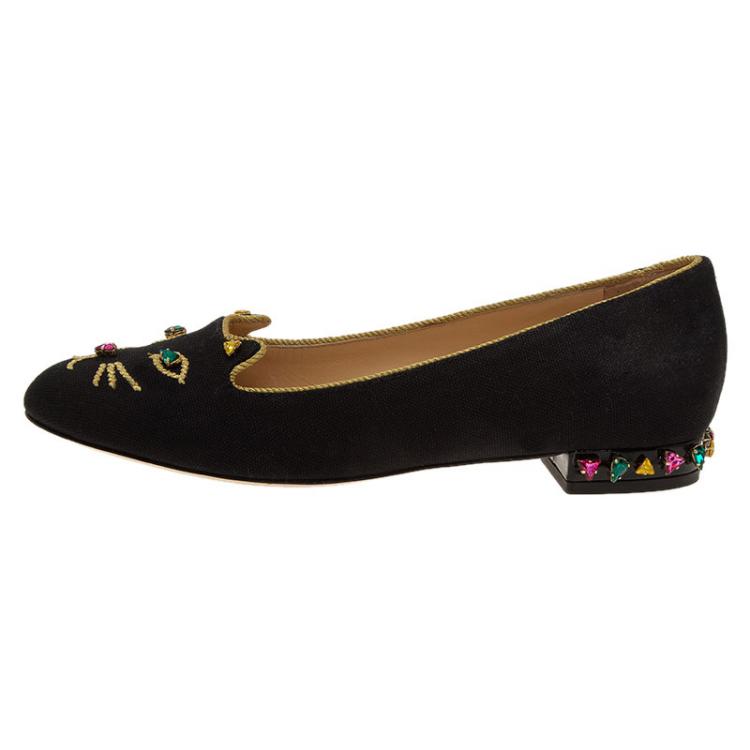 Pre Owned Charlotte Olympia Black Canvas Bejeweled Kitty Flats Size 39.5