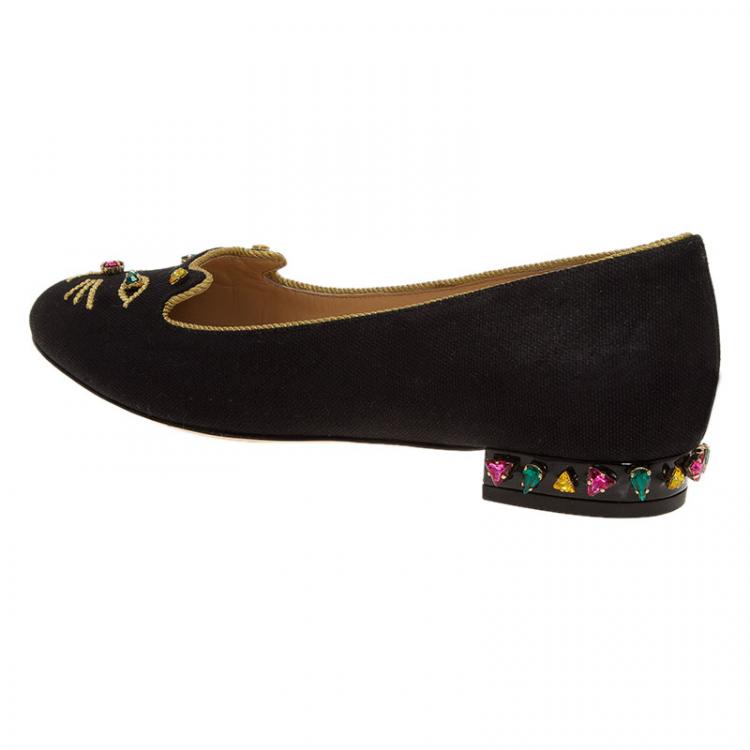 Pre Owned Charlotte Olympia Black Canvas Bejeweled Kitty Flats Size 39.5