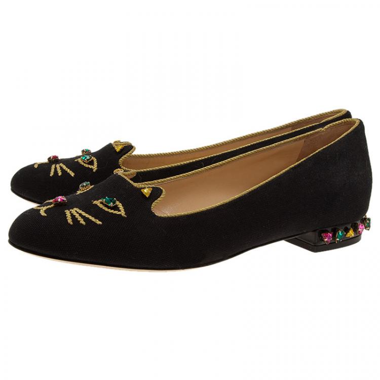 Pre Owned Charlotte Olympia Black Canvas Bejeweled Kitty Flats Size 39.5