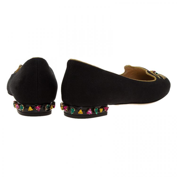Pre Owned Charlotte Olympia Black Canvas Bejeweled Kitty Flats Size 39.5