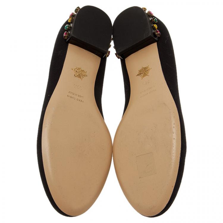 Pre Owned Charlotte Olympia Black Canvas Bejeweled Kitty Flats Size 39.5