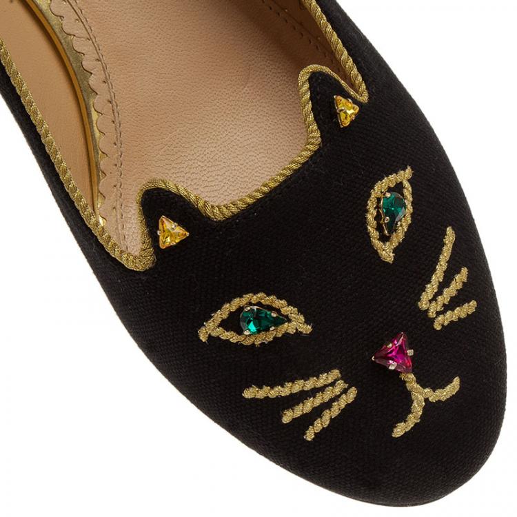 Pre Owned Charlotte Olympia Black Canvas Bejeweled Kitty Flats Size 39.5