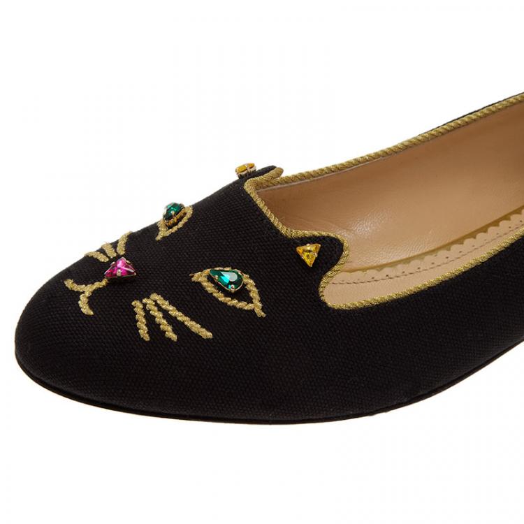 Pre Owned Charlotte Olympia Black Canvas Bejeweled Kitty Flats Size 39.5