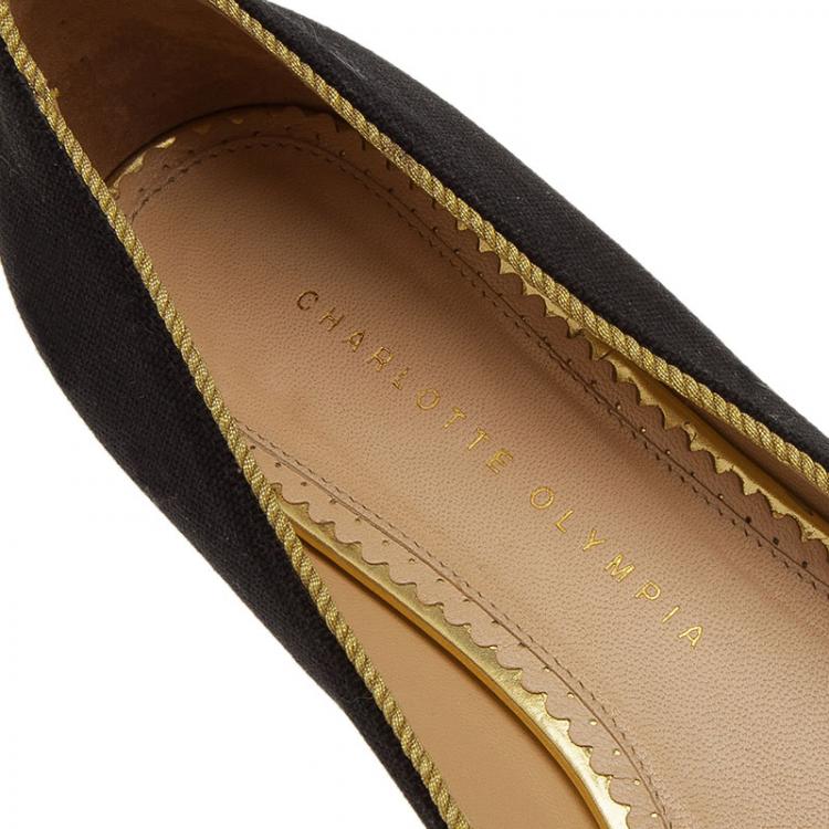 Pre Owned Charlotte Olympia Black Canvas Bejeweled Kitty Flats Size 39.5