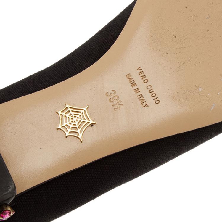 Pre Owned Charlotte Olympia Black Canvas Bejeweled Kitty Flats Size 39.5
