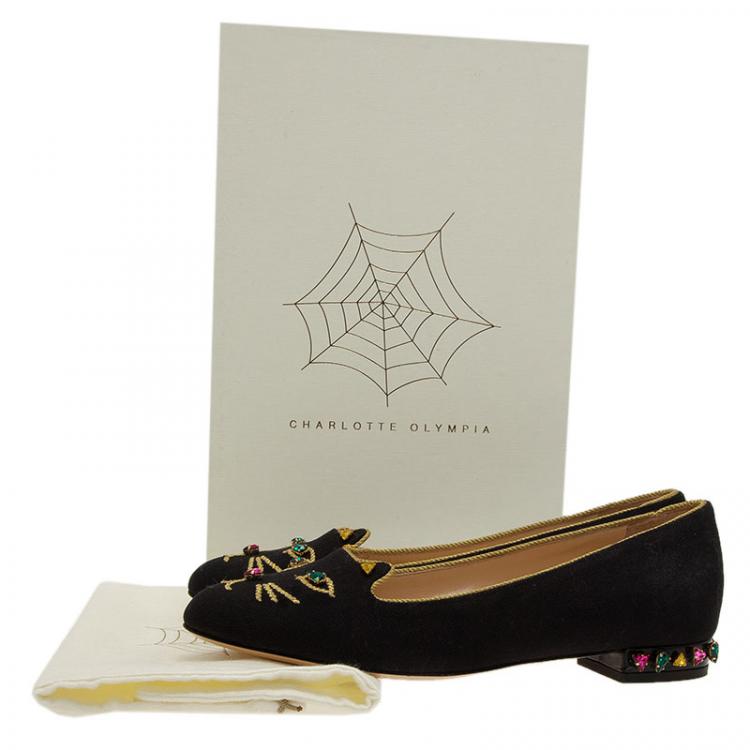 Pre Owned Charlotte Olympia Black Canvas Bejeweled Kitty Flats Size 39.5